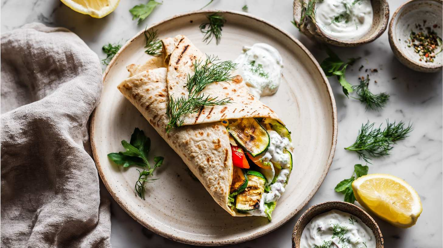 Volkoren wrap gevuld met gegrilde groenten (courgette, paprika), frisse yoghurtsaus en verse dille, geserveerd op een lichte keramische schaal met citroen en kruiden ernaast.