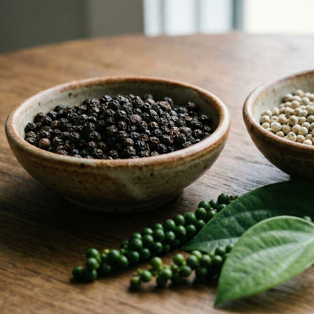 2 kleine schaaltjes op een tafel. het ene schaaltje is gevuld met hele zwarte peper. de andere met witte peperkorrels