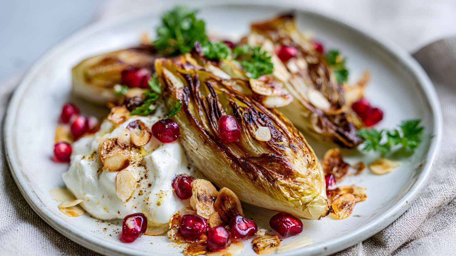 Crispy air fryer witlof served with Greek yoghurt, pomegranate seeds, toasted almonds and fresh parsley on a white ceramic plate.