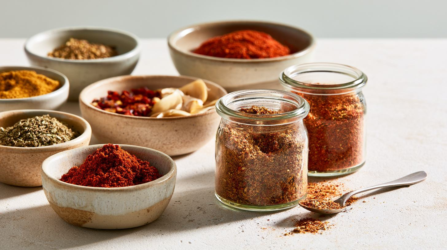 Zelf kruidenmix maken met losse kruiden en specerijen zoals paprika, komijn, oregano en chili in een glazen potje.