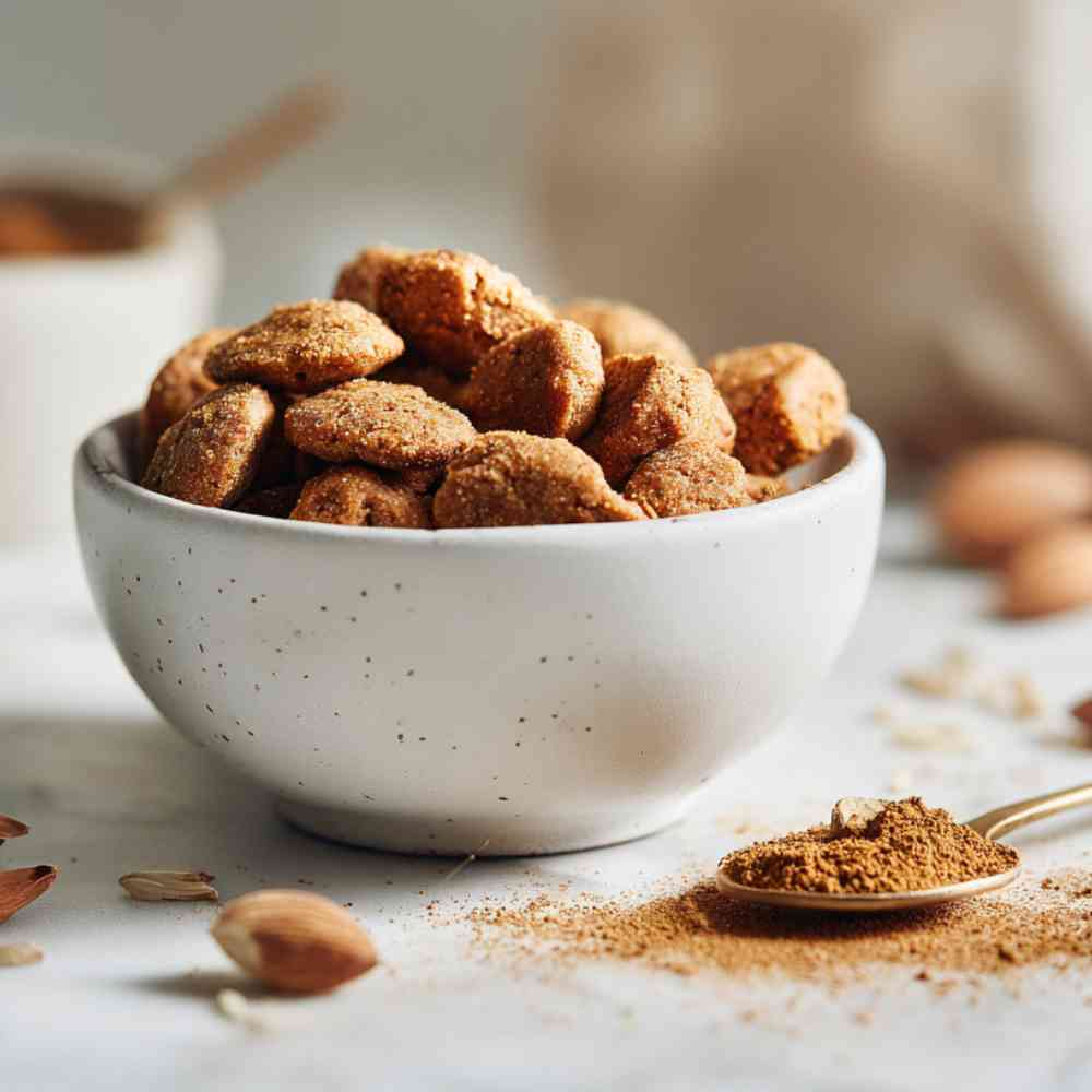 zelfgemaakte kruidnoten in een wit schaaltje met een lepel met speculaaskruiden ernaast