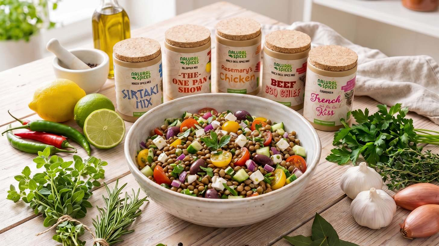 Verse kruiden zoals rozemarijn, tijm en peterselie, samen met knoflook, specerijen en groenten, als natuurlijke smaakmakers voor koken met minder zout.