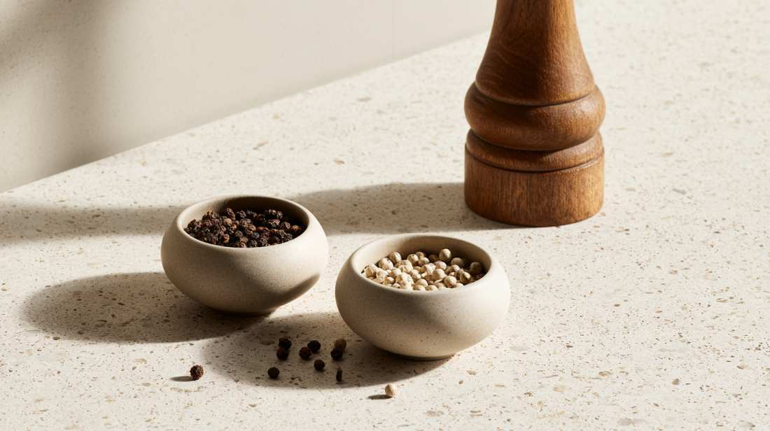 Whole black and white peppercorns side by side in ceramic bowls, showing the visual difference between the two varieties.