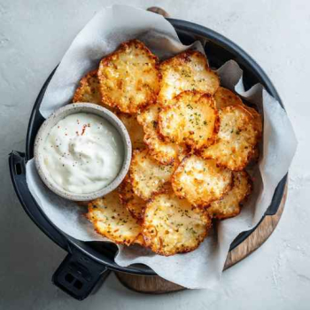 cottage cheese (huttenkase) chips in de airfryer met een klein schaaltje saus
