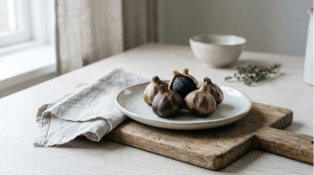 several black garlic bulbs on ceramic plate placed on a wood cuttingboard