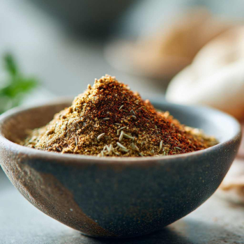 homemade shoarma spices in a small matte ceramic bowl on a pale stone surface. Visible ground cumin, coriander, paprika and a hint of chili flakes.