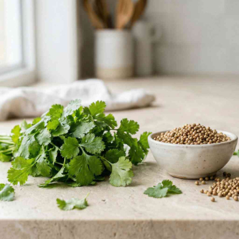verse koriander naast een schaaltje met korianderzaad