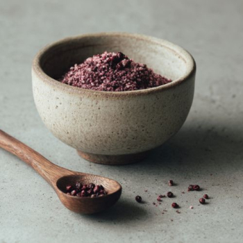 een aardewerk schaaltje gevuld met sumak en een houten lepel met gedroogde sumak bessen