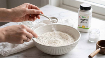 Hand sprinkling xanthan gum into a bowl of flour while mixing batter with a whisk on a light marble countertop in a bright kitchen setting