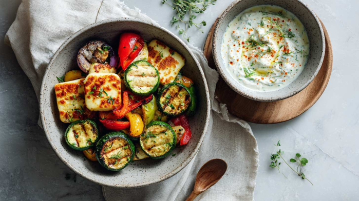 Overhead lifestyle shot of a ceramic bowl filled with grilled vegetables (zucchini slices, bell peppers, aubergine) and golden-brown grilled halloumi, served next to a small bowl of creamy herb yogurt sauce topped with cayenne pepper and fresh herbs