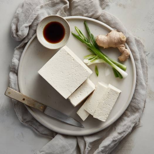 tofu in stukken gesneden op een bord met schaaltje soja saus en verse gember