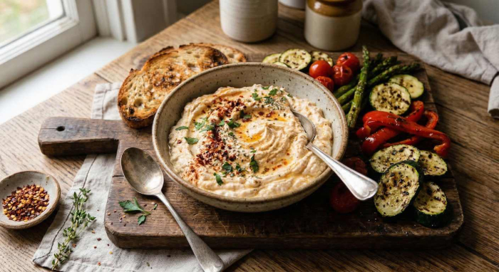 a bowl with whipped cottage cheese dip, creamy smooth swirl texture, topped with chopped pistachios, za&rsquo;atar spices and chili flakes, drizzle of golden olive oil on top