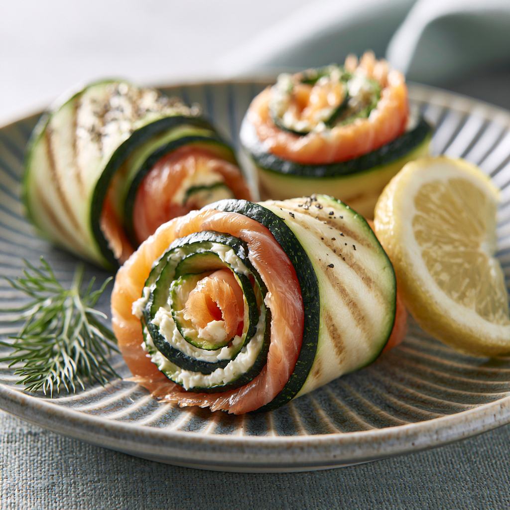Courgetterolletjes met gerookte zalm, roomkaas en dille