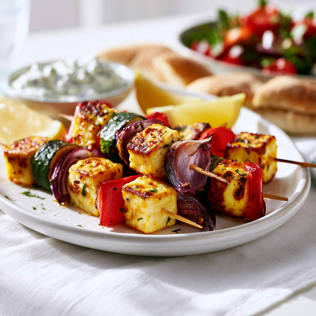Mediterranean halloumi skewers fresh from the air fryer, threaded with golden grilled halloumi cubes, red bell pepper, green courgette and red onion.
