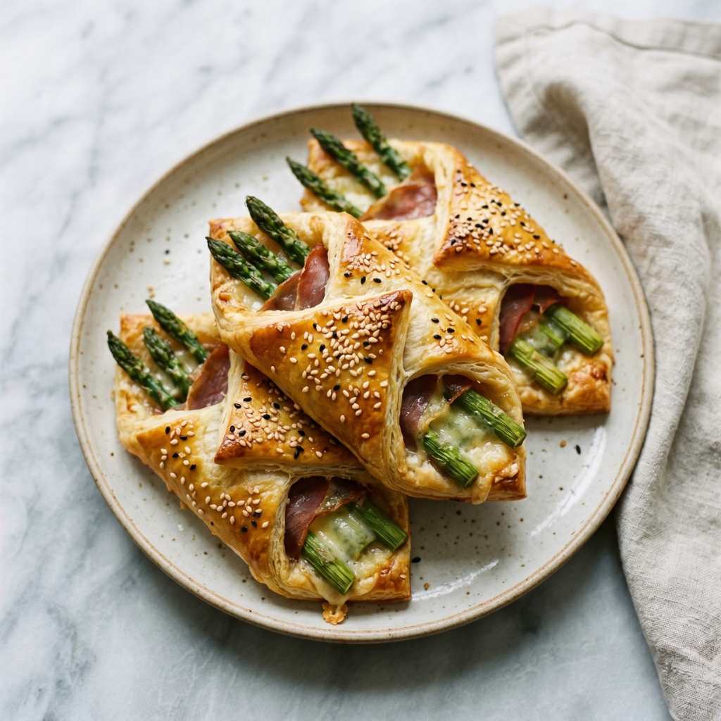 3 bladerdeeg bundels gevuld met prosciutto, kaas en asperges op een mooi vintage bord