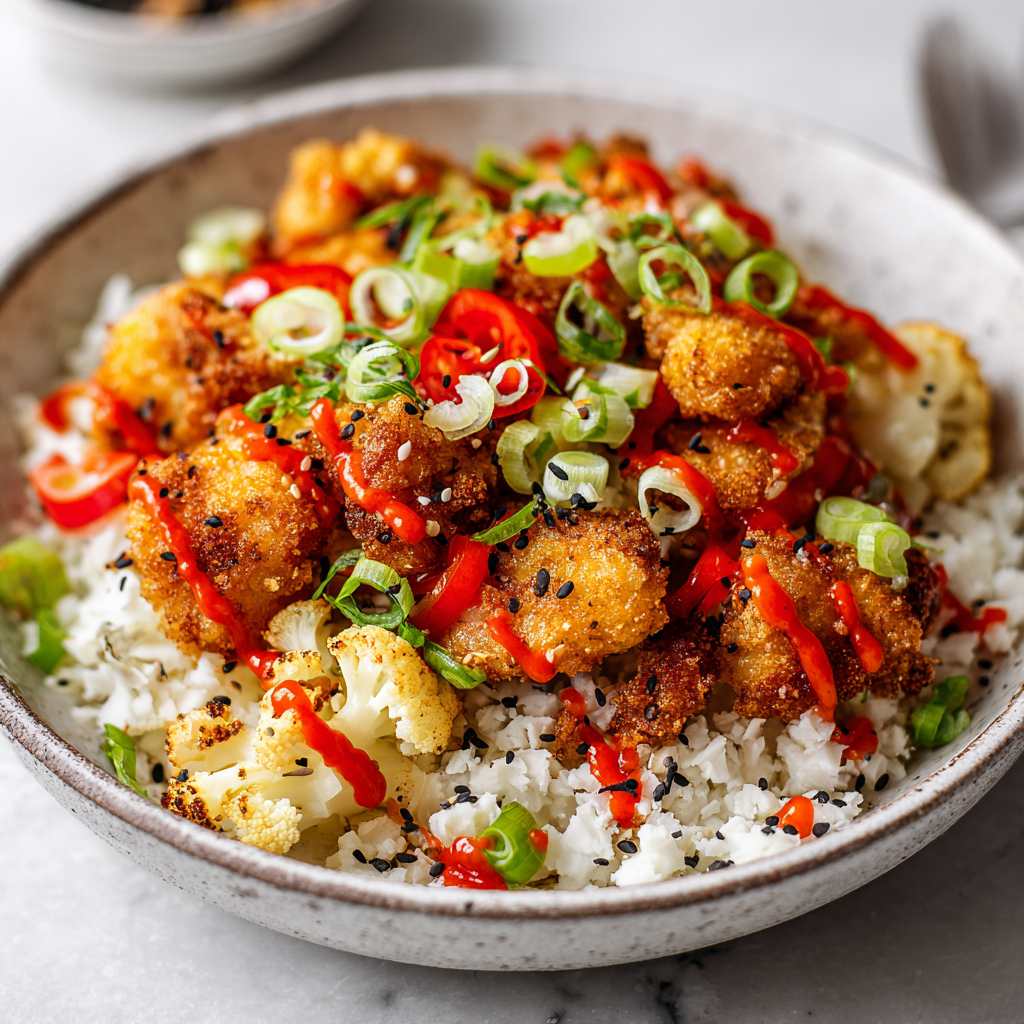 Bloemkool rijst met crispy chicken en sriracha saus