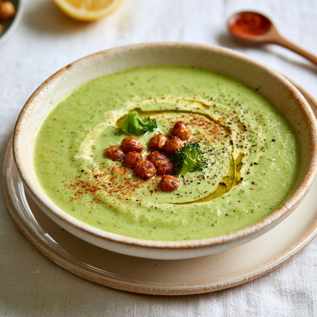een bord romige broccolisoep met geroosterde kikkererwten op smaak gebracht met gerookte paprikapoeder