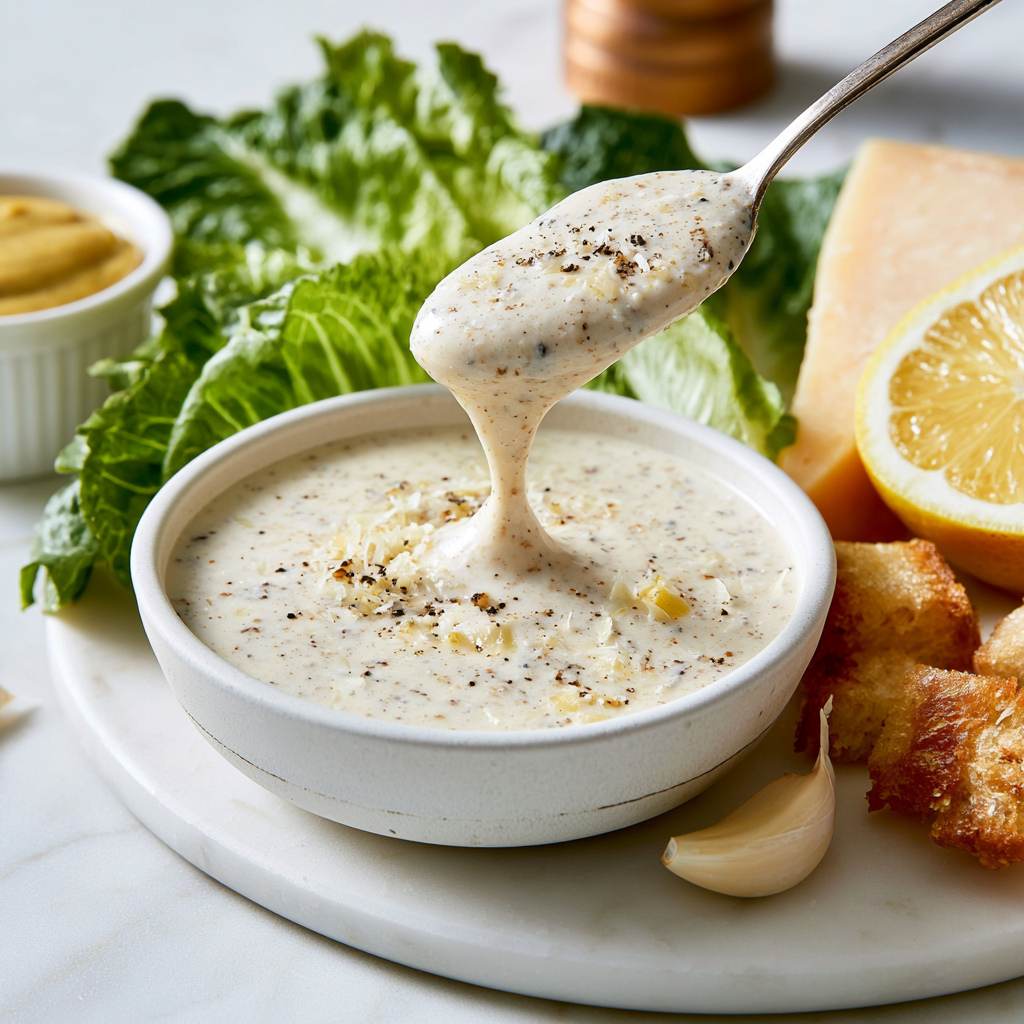 Kom met romige zelfgemaakte Caesar salad dressing, geserveerd met Parmezaanse kaas, citroen, knoflook en romaine sla op een lichte marmeren ondergrond.