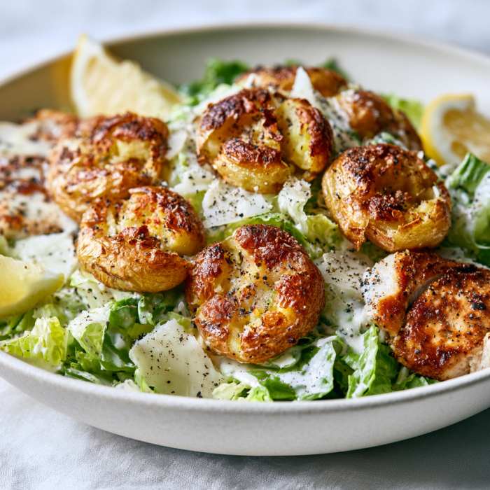 Caesar salade met crispy geplette krieltjes
