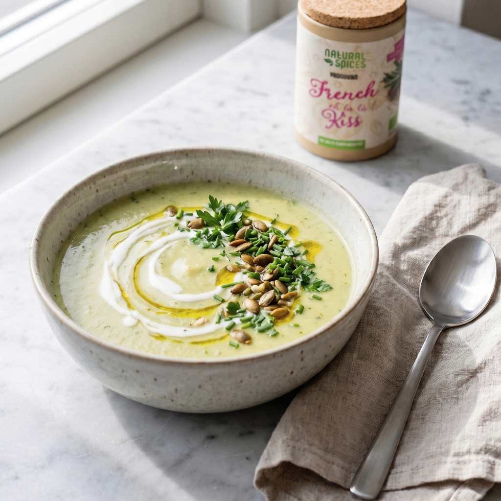 een kom met courgettesoep gekruid met vadouvan en gegarneerd met kokosmelk en pompoen zaadjes. Een potje met French Kiss Vadouvan kruiden van Natural Spices op de achtergrond