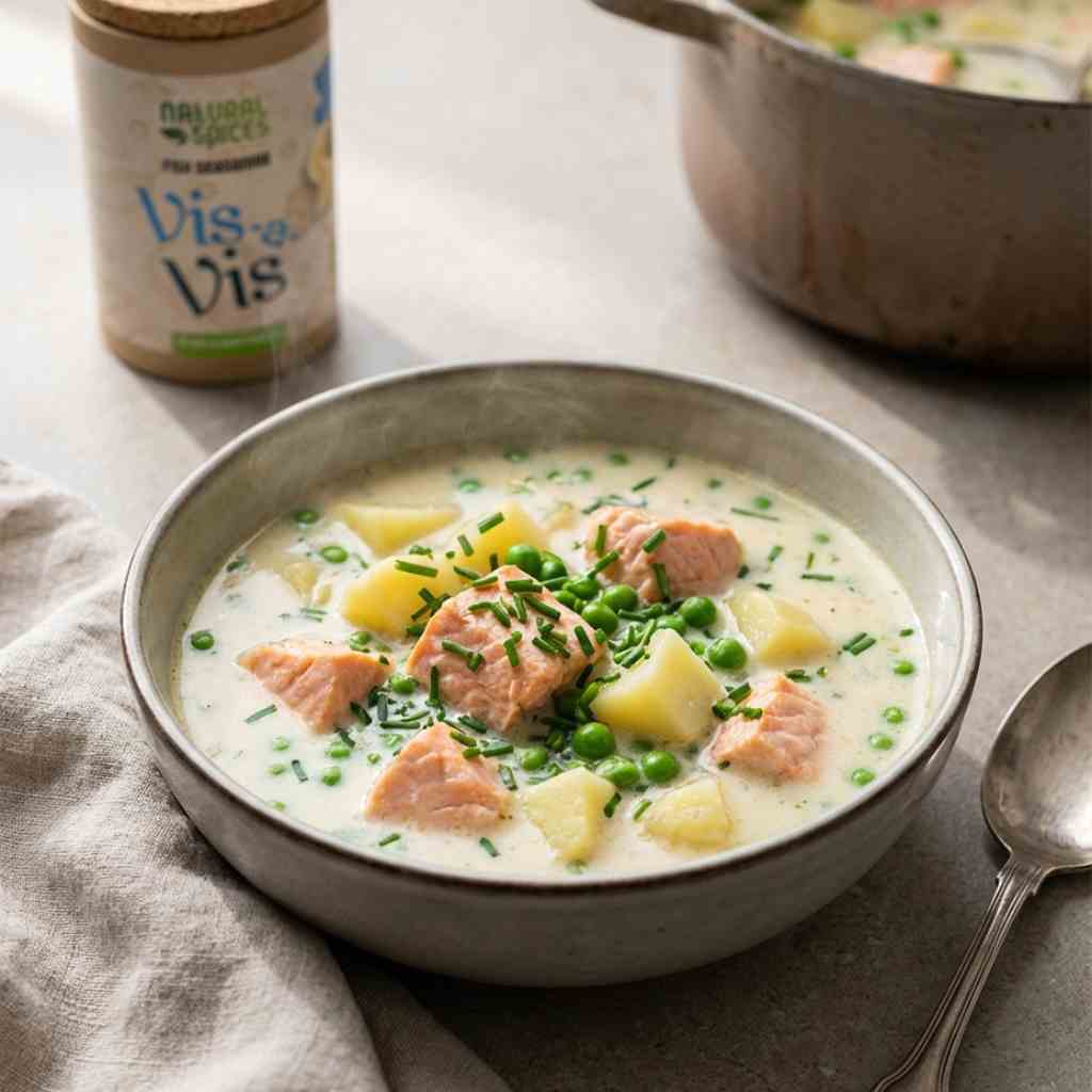 Romige soep met zalm, aardappel & tuinerwten | Creamy Soup with Salmon, Potato and Garden Peas