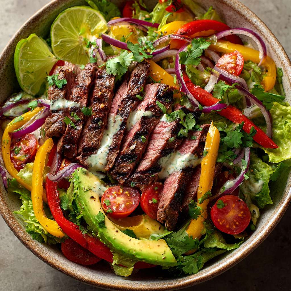 fajita biefstuk salade met avocado dressing