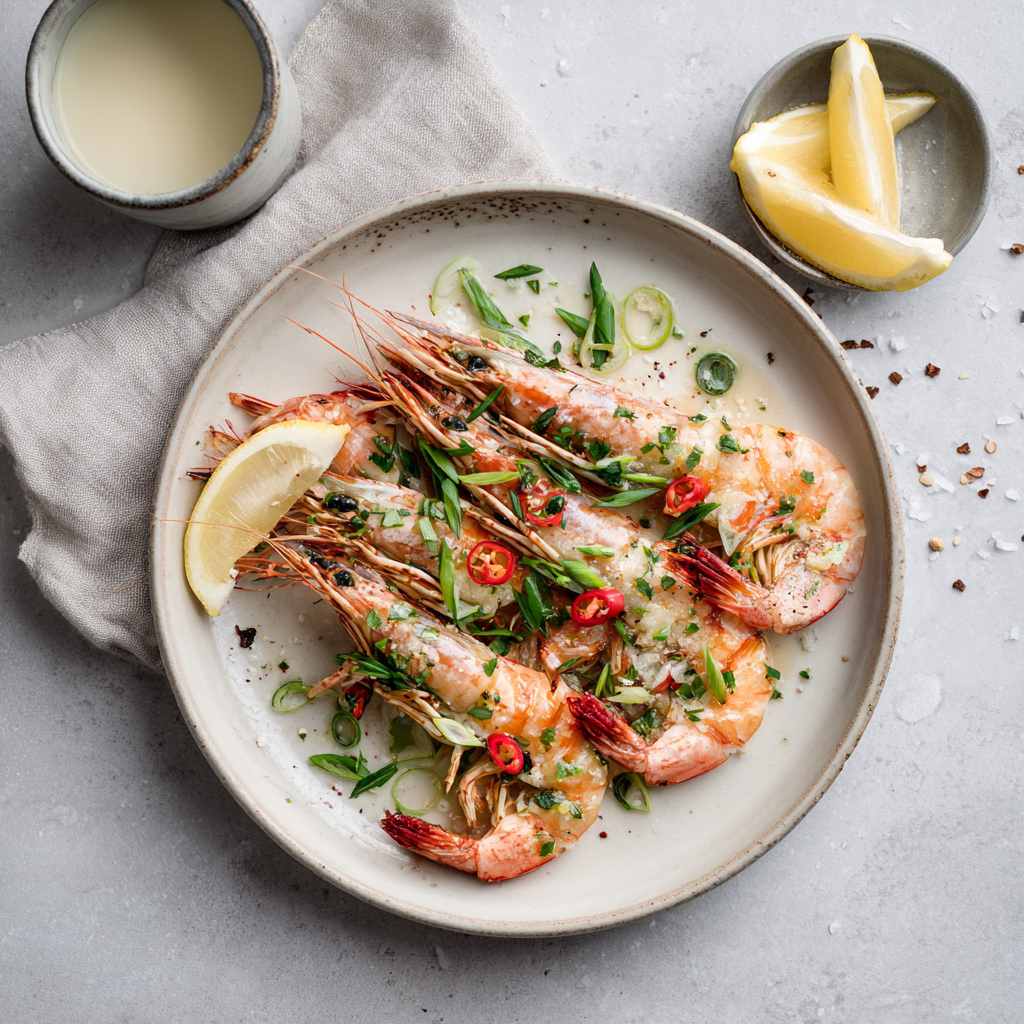cooked large prawns arranged on a matte ceramic plate in soft beige-grey. The prawns are lightly grilled with subtle char marks and garnished with thinly sliced spring onion and fresh red chili. The plate is placed on a pale stone or light grey concrete s