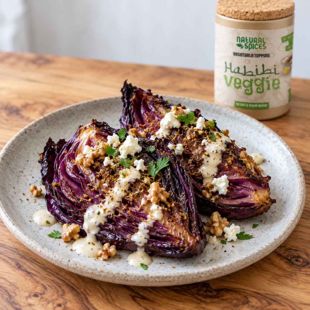 Geroosterde rode kool met Habibi Veggie, feta, walnoten en yoghurtsaus.