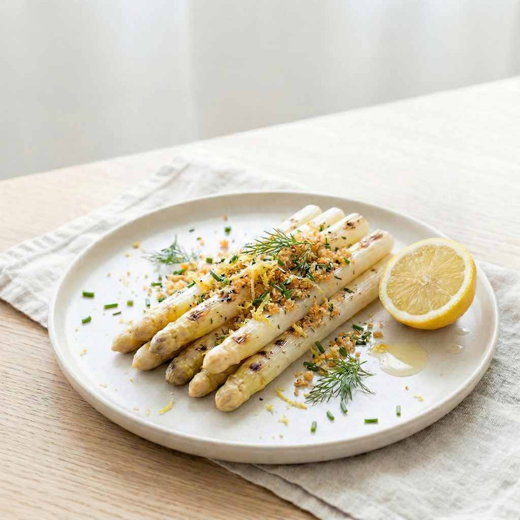 Geroosterde witte asperges met citroen, Parmezaan en krokante panko