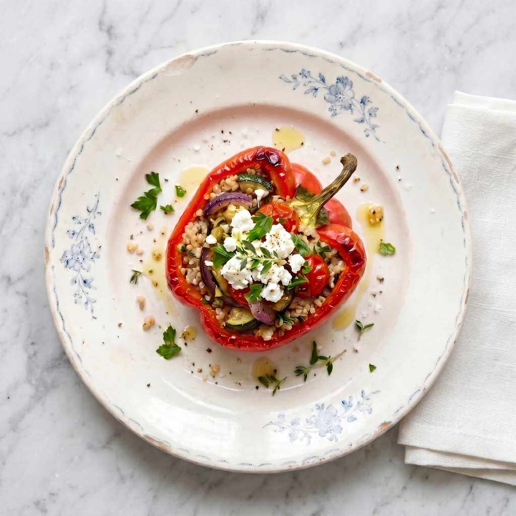 vintage frans bord met daarop een geroosterde gevulde paprika met groente en geitenkaas vintage frans bord met daarop een geroosterde gevulde paprika met groente en geitenkaas