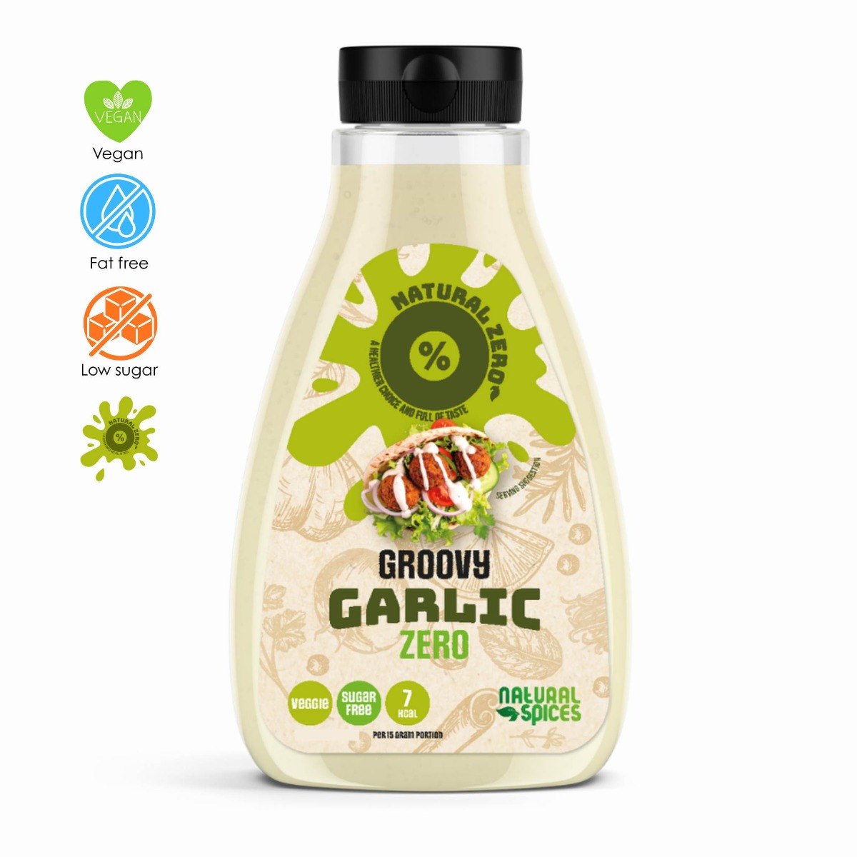 Fles garlic Zero saus van Natural Spices met zwarte dop op witte achtergrond, voorzien van labels “low-calorie”, “sugar free”,  en “7kcal”, geschikt voor een vegetarisch dieet.