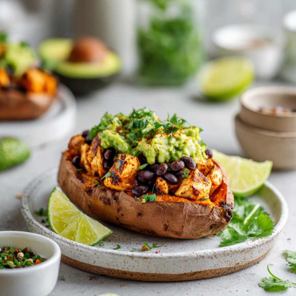 High Protein Mexicaanse Gepofte Zoete Aardappel met Kip & Holy Moly Guacamole High Protein Mexicaanse Gepofte Zoete Aardappel met Kip & Holy Moly Guacamole