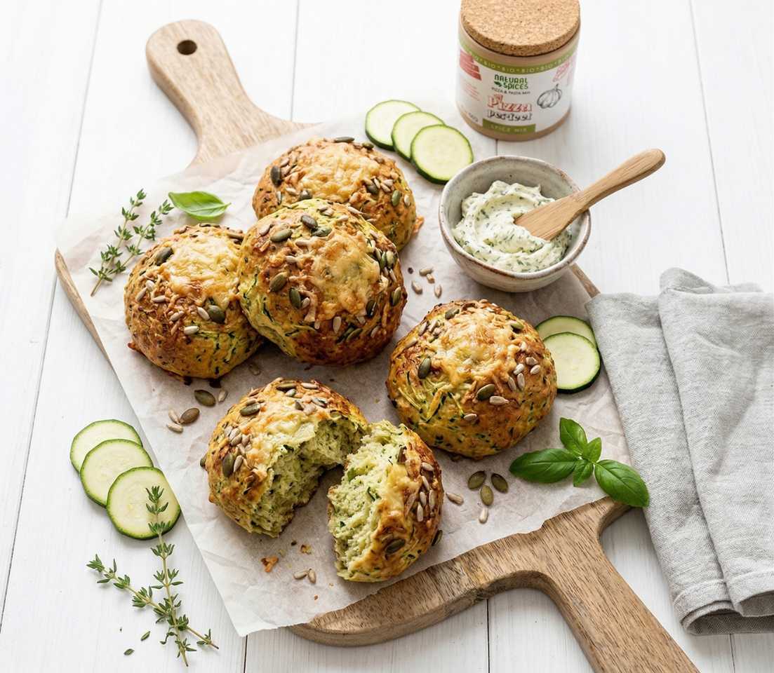 Italiaanse courgette broodjes op houten plank met zaden en gesmolten kaas, één broodje opengebroken, geserveerd met kruidige roomkaasdip, courgetteplakjes en verse Pizza Perfect kruiden van Natural Spices