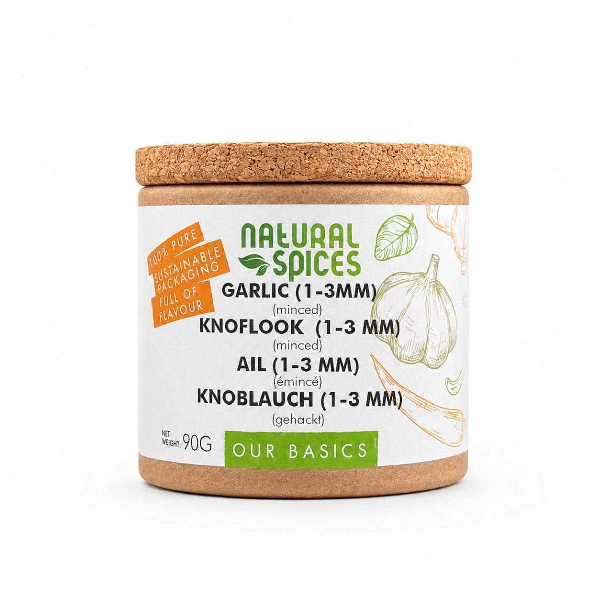 minced knoflook, knoflook granulaat in een kartonnen pot met kurk deksel