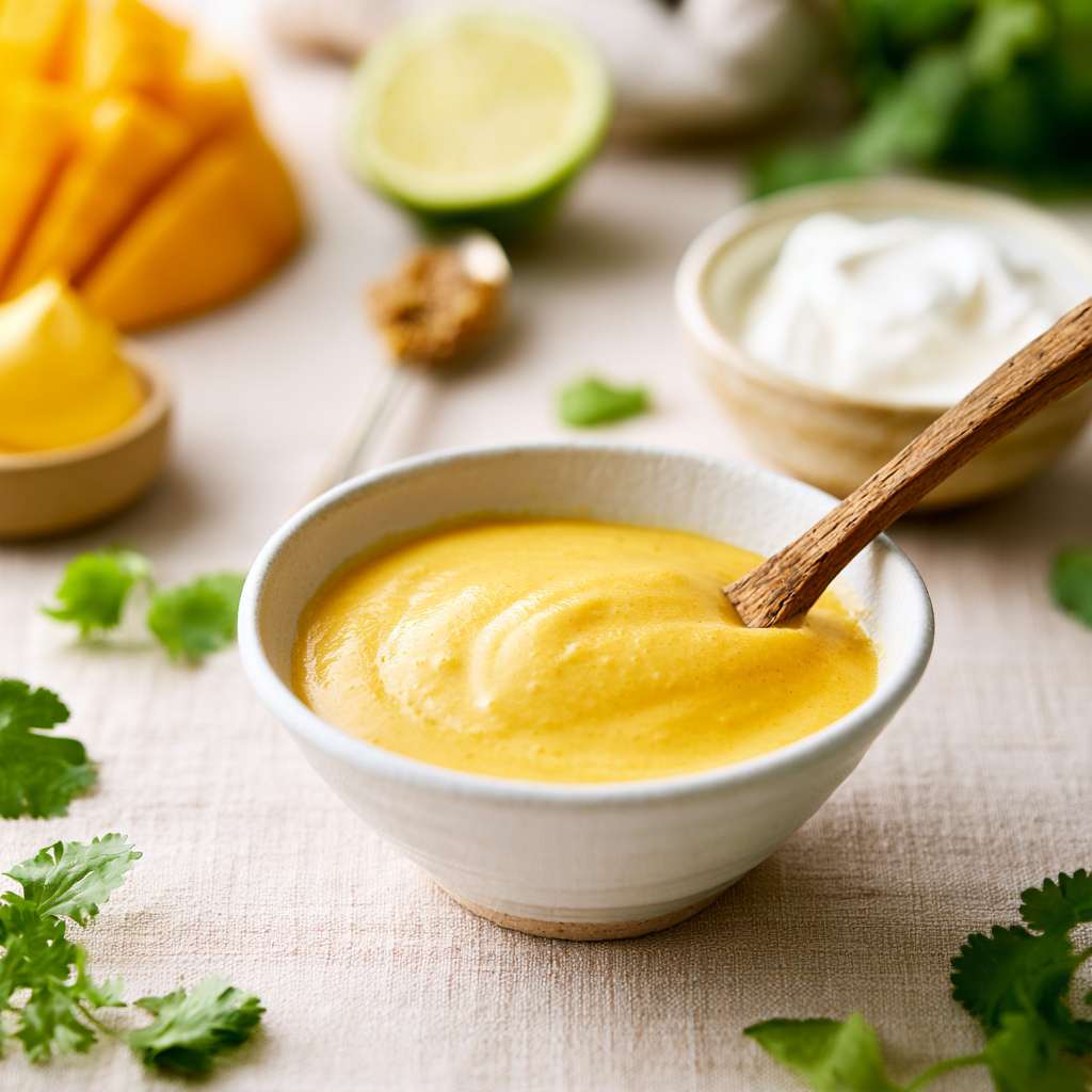 romige mango mayo dressing in een schaaltje met een houten lepeltje