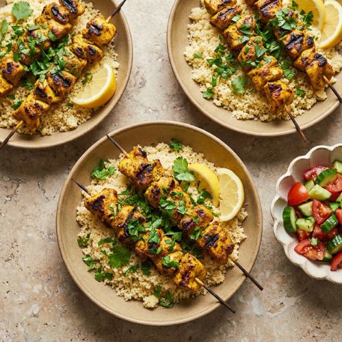 marokkaanse kipspiesjes op een bedje van couscous en gegarneerd met citroen en tomaten komkommer salade