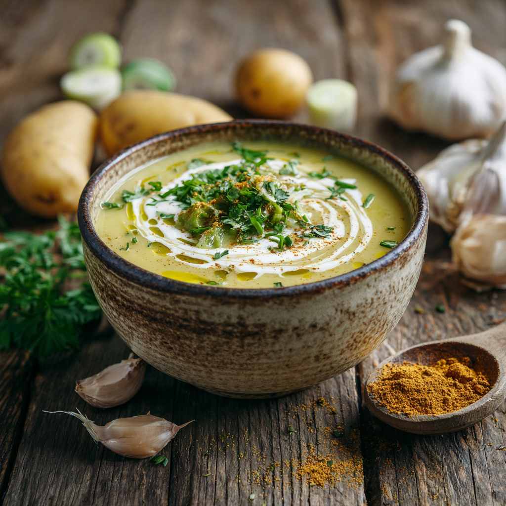 Romige preisoep met kerrie in een rustieke kom, afgewerkt met een swirl van room, verse kruiden en een drizzle olijfolie, omringd door aardappelen en knoflook op een lichte, natuurlijke ondergrond. Romige preisoep met kerrie in een rustieke kom, afgewerkt met een swirl van room, verse kruiden en een drizzle olijfolie, omringd door aardappelen en knoflook op een lichte, natuurlijke ondergrond.