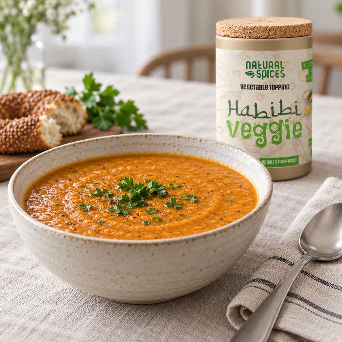 rode linzen soep met zoete aardappel en habibi veggie