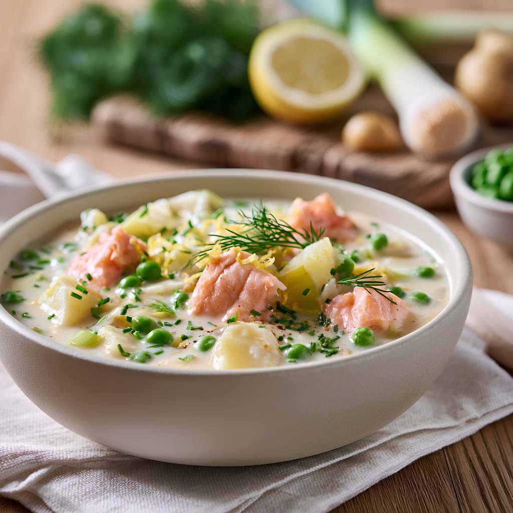 Romige soep met zalm, aardappel & tuinerwten