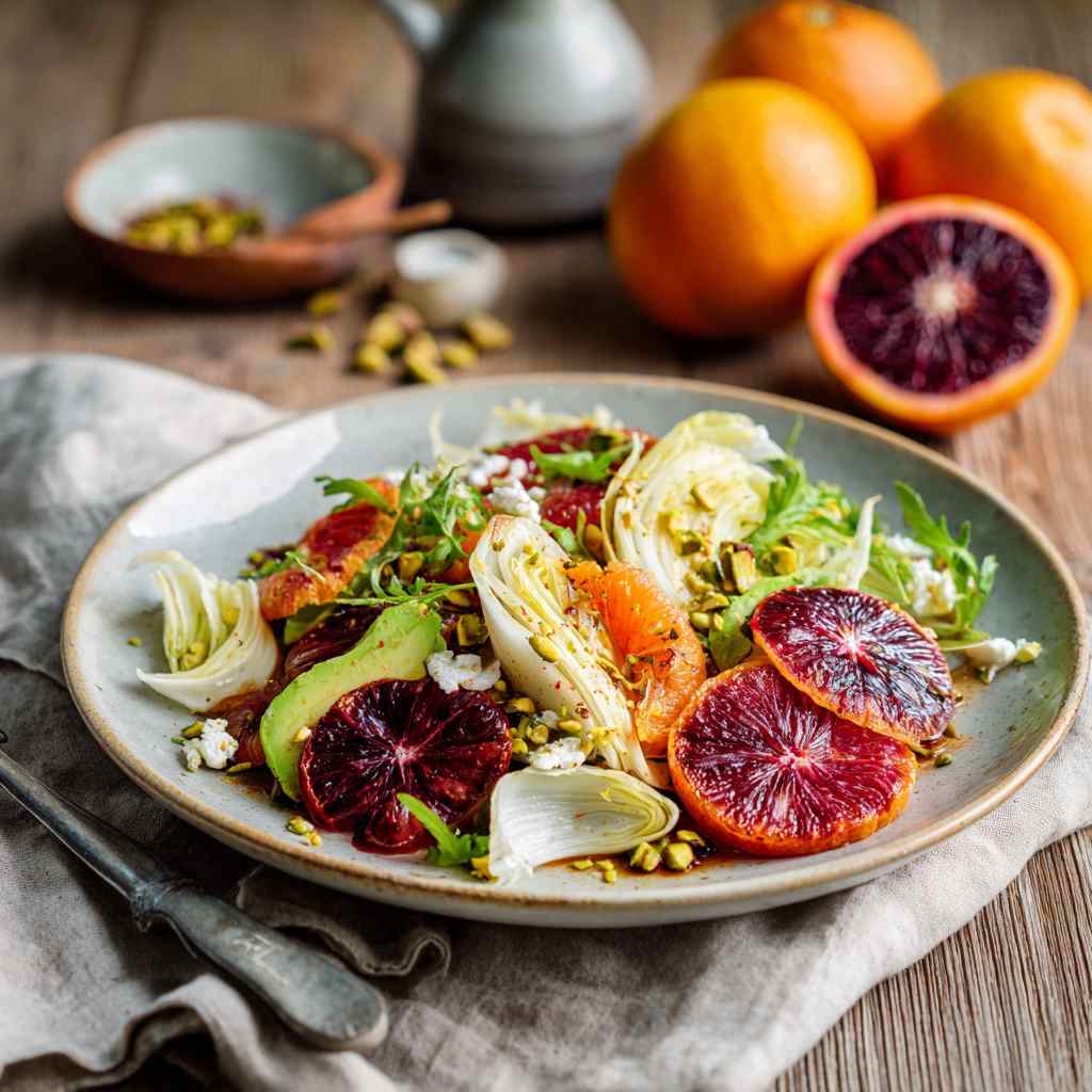 salade van bloedsinaasappel en venkel met pistache nootjes