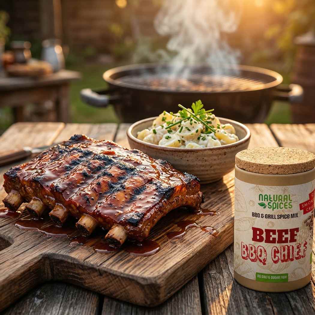 tender sticky spareribs glazed with apple syrup BBQ sauce, ribs stacked on a wooden board with sauce dripping slightly over the edges. Visible caramelized crust and grill marks. Bowl of creamy potato salad with herbs beside the ribs.