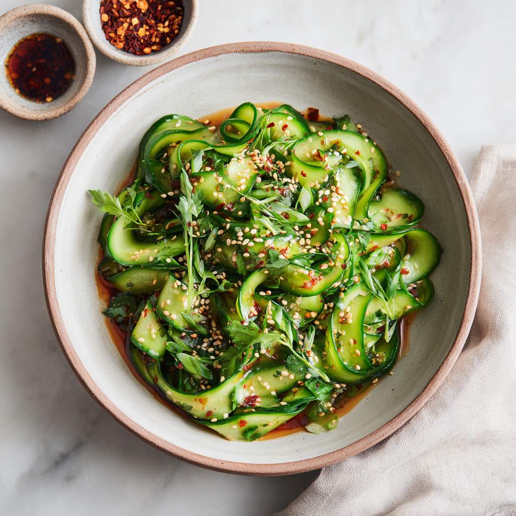Spicy komkommersalade met chiliflakes in een aardewerken schaal