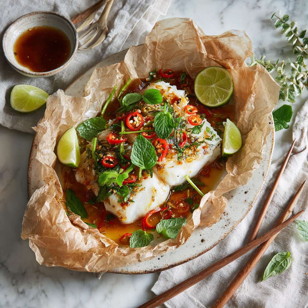 Caloriearm Aziatisch vispakketje op een vintage bord, geserveerd in bakpapier met witte vis, rode chili, verse kruiden en limoenschijfjes, omringd door een lichte saus, op een marmeren ondergrond met chopsticks en een schaaltje saus.
