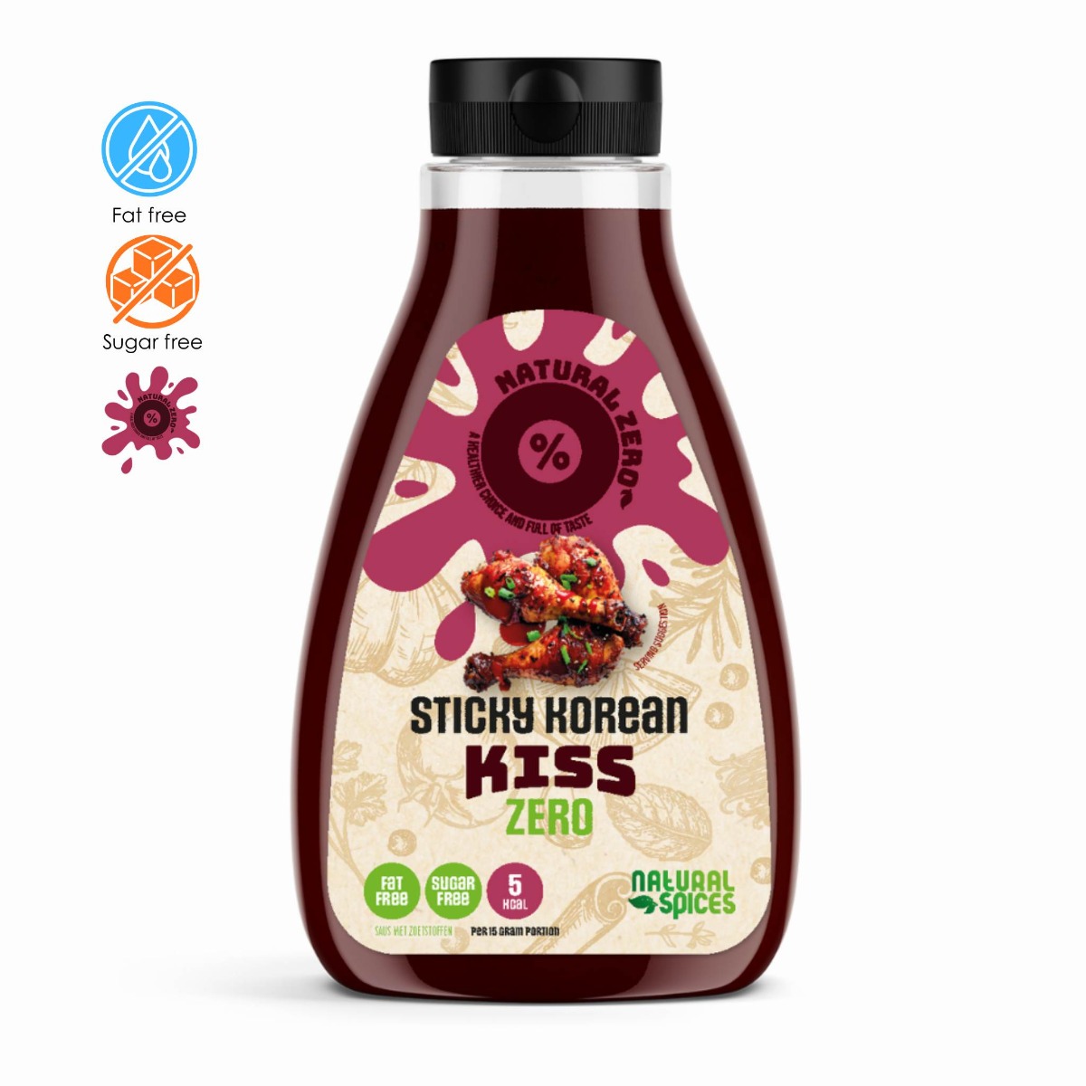 Fles Sticky Korean Kiss van Natural Spices met zwarte dop op witte achtergrond, voorzien van labels “low-calorie”, “fat free” en “5kcal”, geschikt voor een vegan en caloriearm dieet.