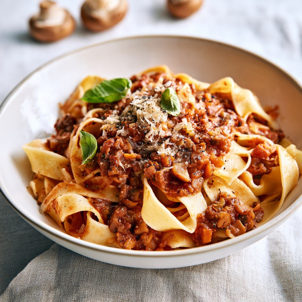 Tagliatelle met champignon bolognese in diep bord