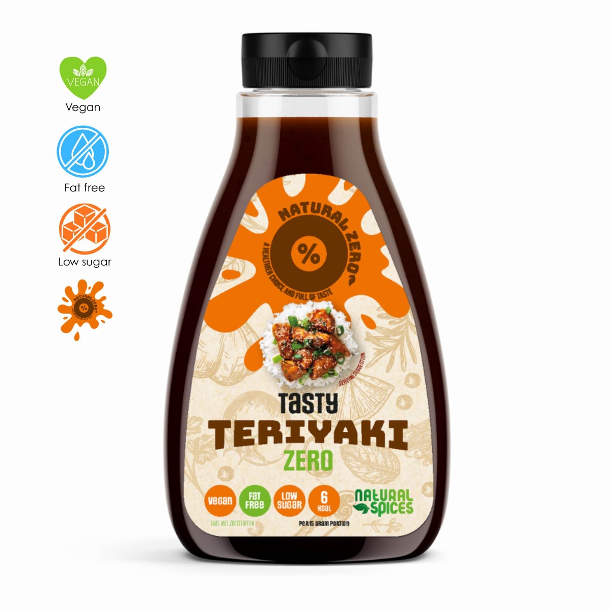 Fles Tasty Teriyaki Zero saus van Natural Spices met zwarte dop op witte achtergrond, voorzien van labels “low-calorie”, “fat free”, “low sugar” en “6 kcal”, geschikt voor een vegan dieet.