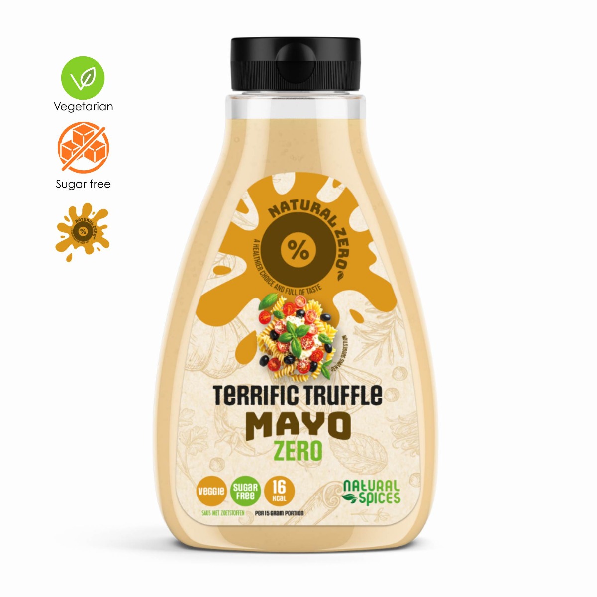 Fles Terrific Truffle Mayo Zero van Natural Spices met zwarte dop op witte achtergrond, voorzien van labels “low-calorie”, “sugar free” en “16 kcal”, vegetarisch en caloriearm.
