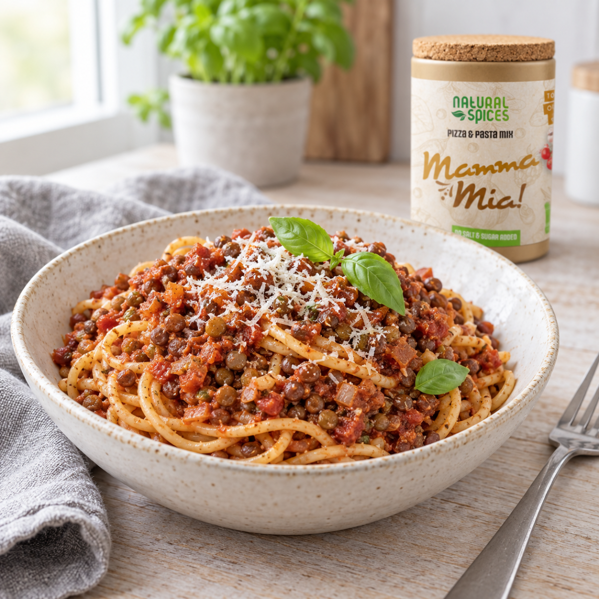 Vegetarische linzenbolognese met Mamma Mia