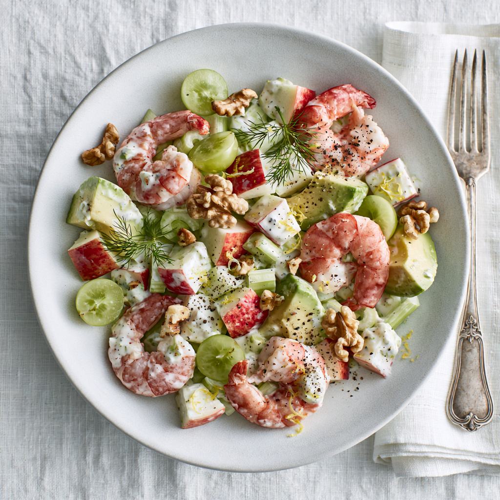 Waldorfsalade met garnalen en avocado op smaak gebracht met Holy Moly Guacamole