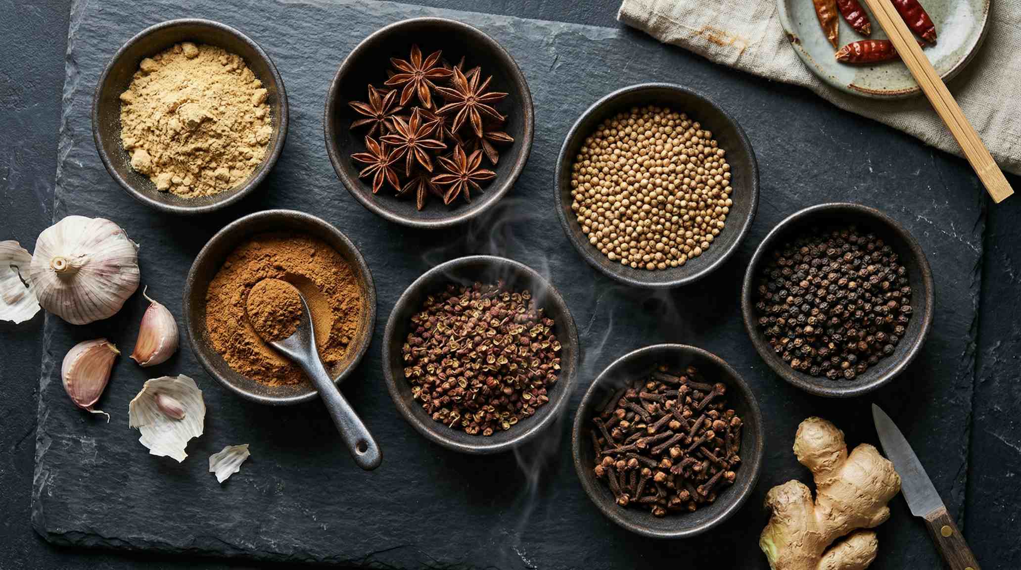  flat lay of Chinese spices on a dark stone surface, small ceramic bowls filled with ground ginger, star anise, coriander seeds, black peppercorns, cloves, Sichuan pepper, and five spice powder, fresh garlic and ginger root placed casually
